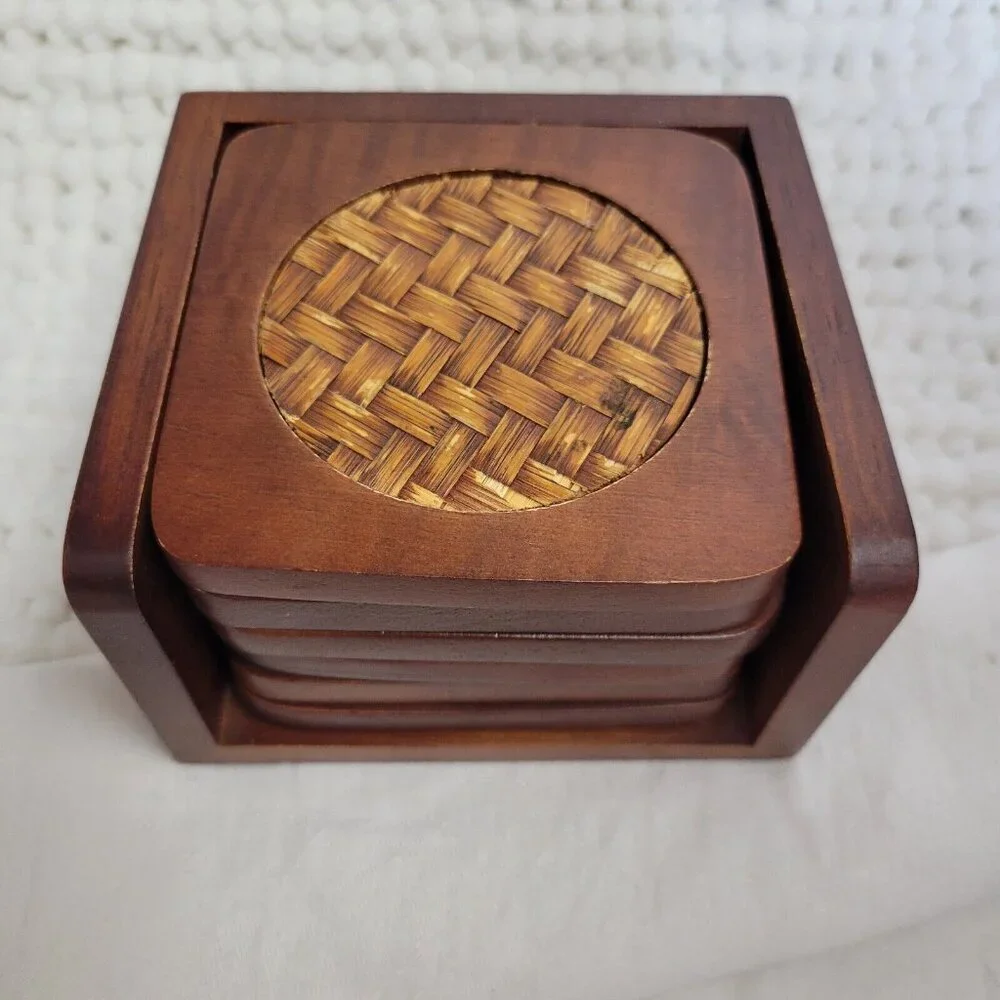 Coasters w/Caddy Vintage Set of 6 Wood Wicker Bamboo Teak 1970s barware GUC